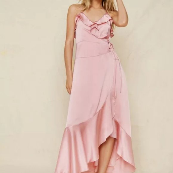 Satin Ruffle Detail Strappy Wrap Maxi Dress - Picture 1 of 4